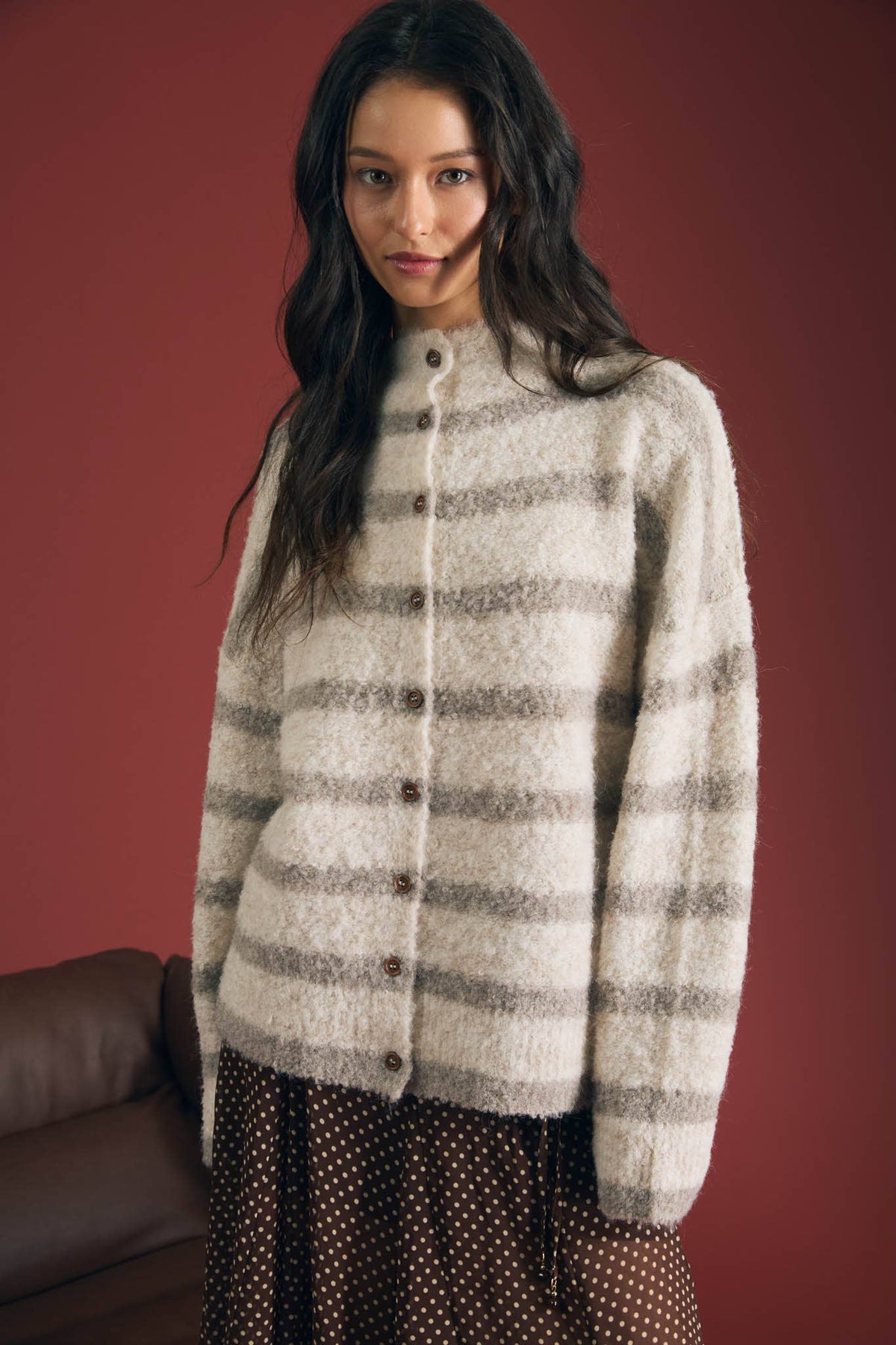 STRIPE MOCK NECK BUTTON DOWN FUZZY KNIT CARDIGAN