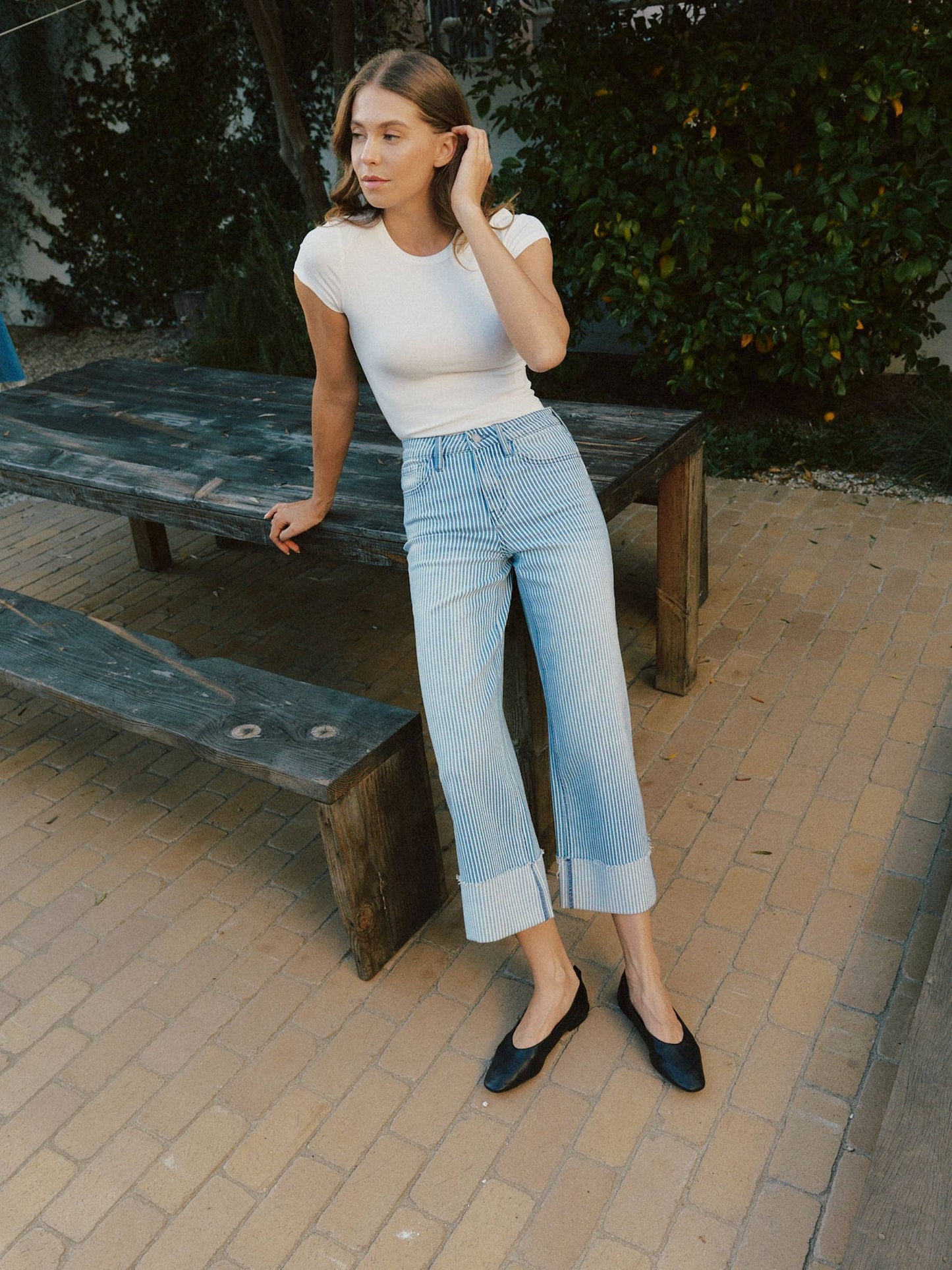 HIGH RISE CUFFED STRIPED CROP WIDE JEANS V3859STN: STRIPE