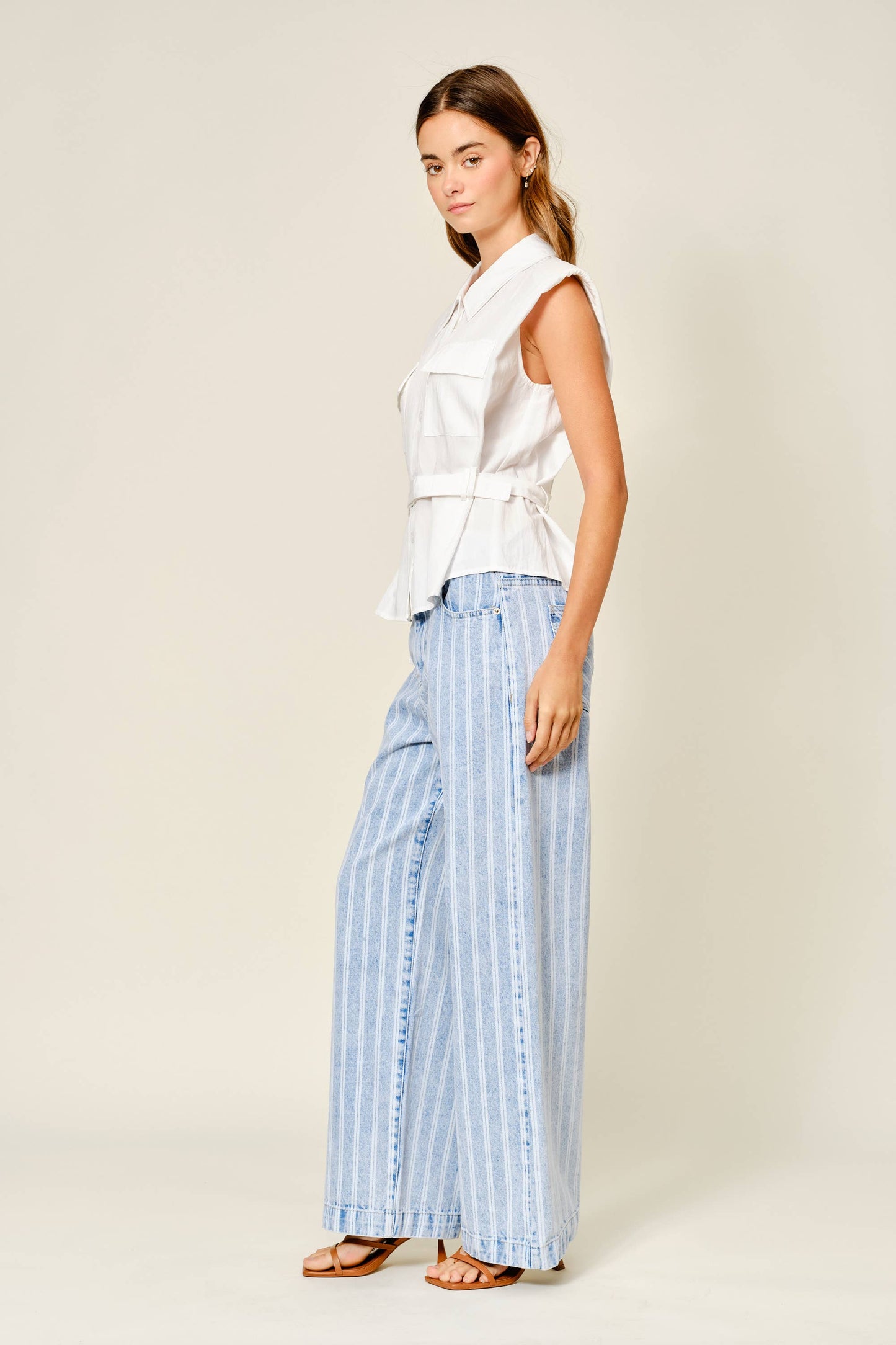 Aaron & Amber - AJP5866 STRIPED DENIM STRAIGHT PANTS: LT DENIM / S