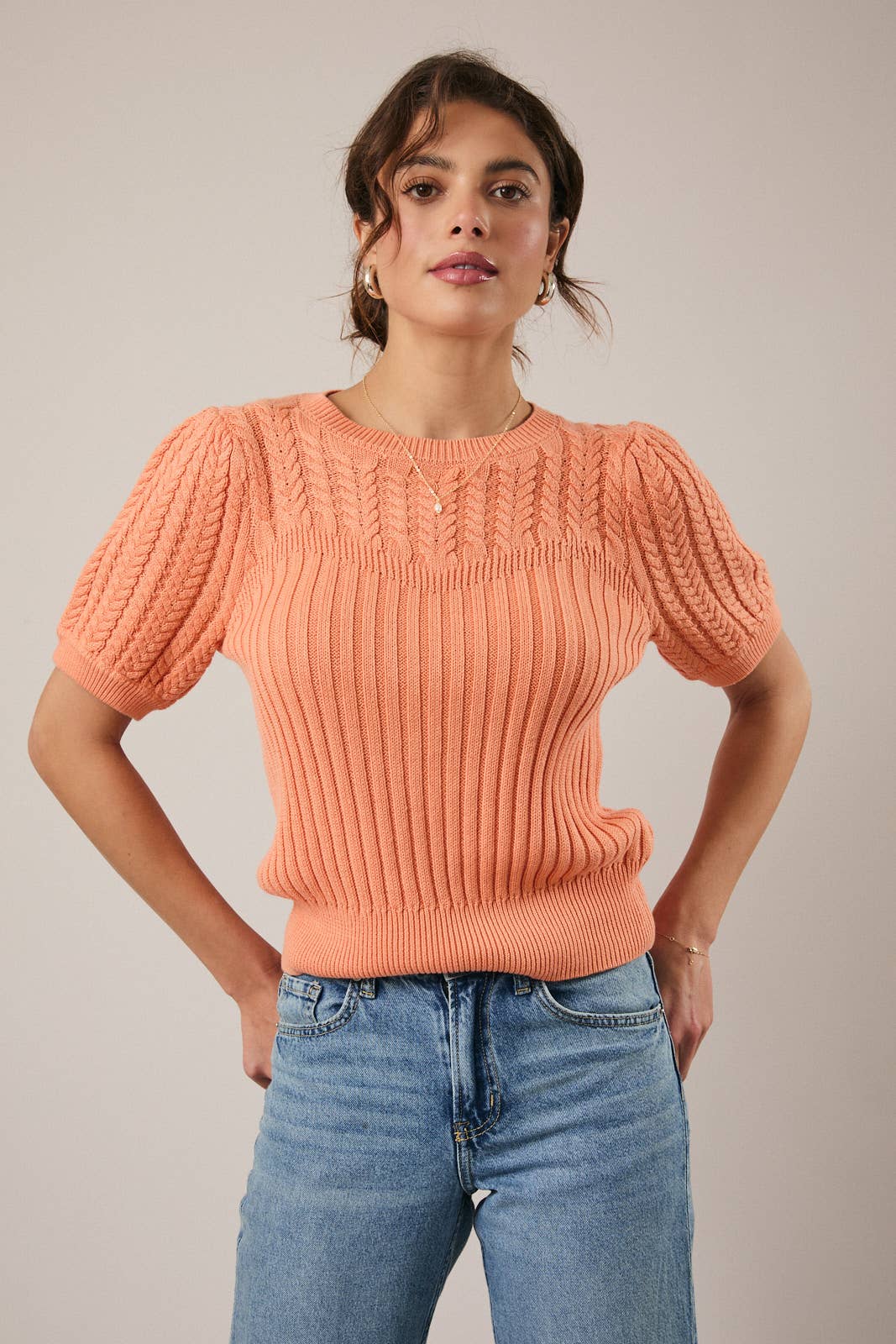 Sunday Edition by LE LIS - ROUND NECK PUFF SHORT SLEEVE CABLE SWEATER: APRICOT / L