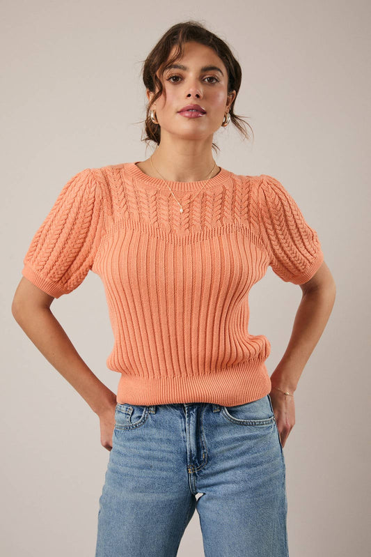 Apricot Cable Knit Short Sleeve Sweater