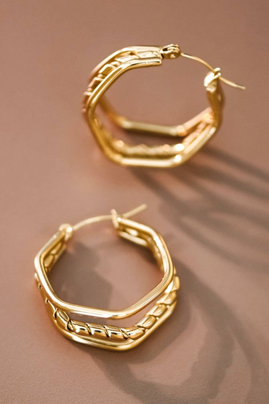 18K Gold Plated Waterproof Stainless Steel Hoop Hex Earrings