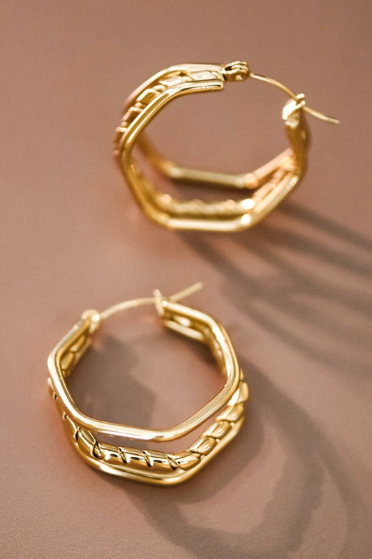 18K Gold Plated Waterproof Stainless Steel Hoop Hex Earrings