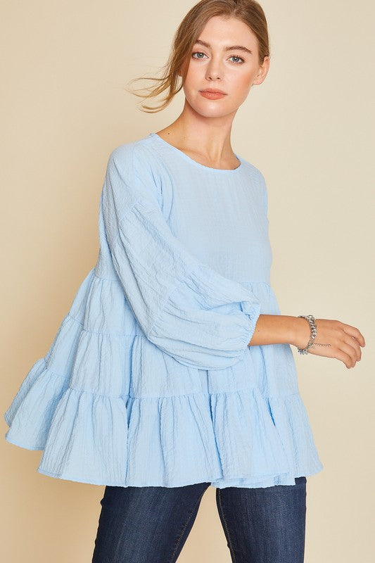 Tiered Textured 3/4 Sleeves Woven Top