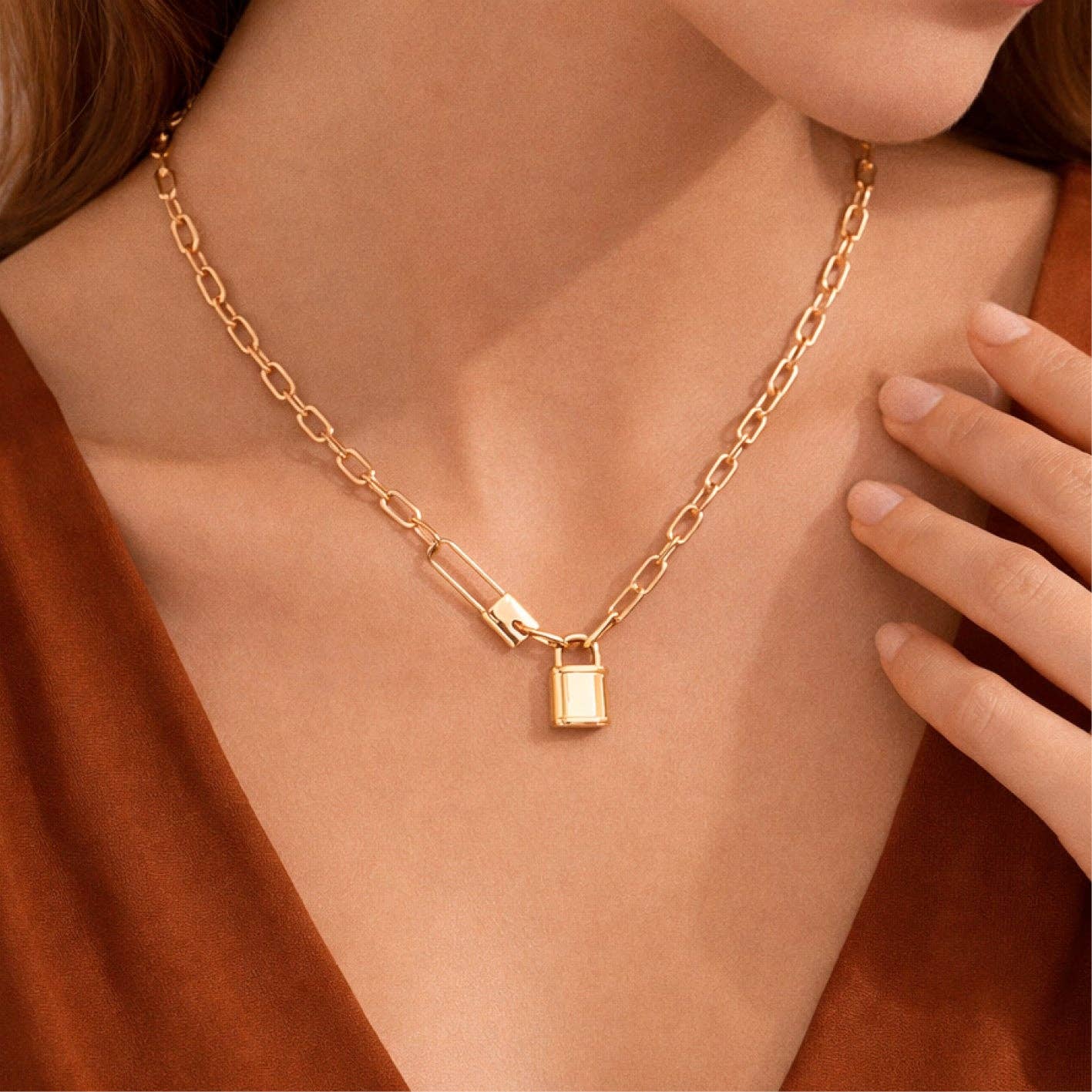 18K Gold Plated Waterproof Stainless Steel Padlock Chain Necklace