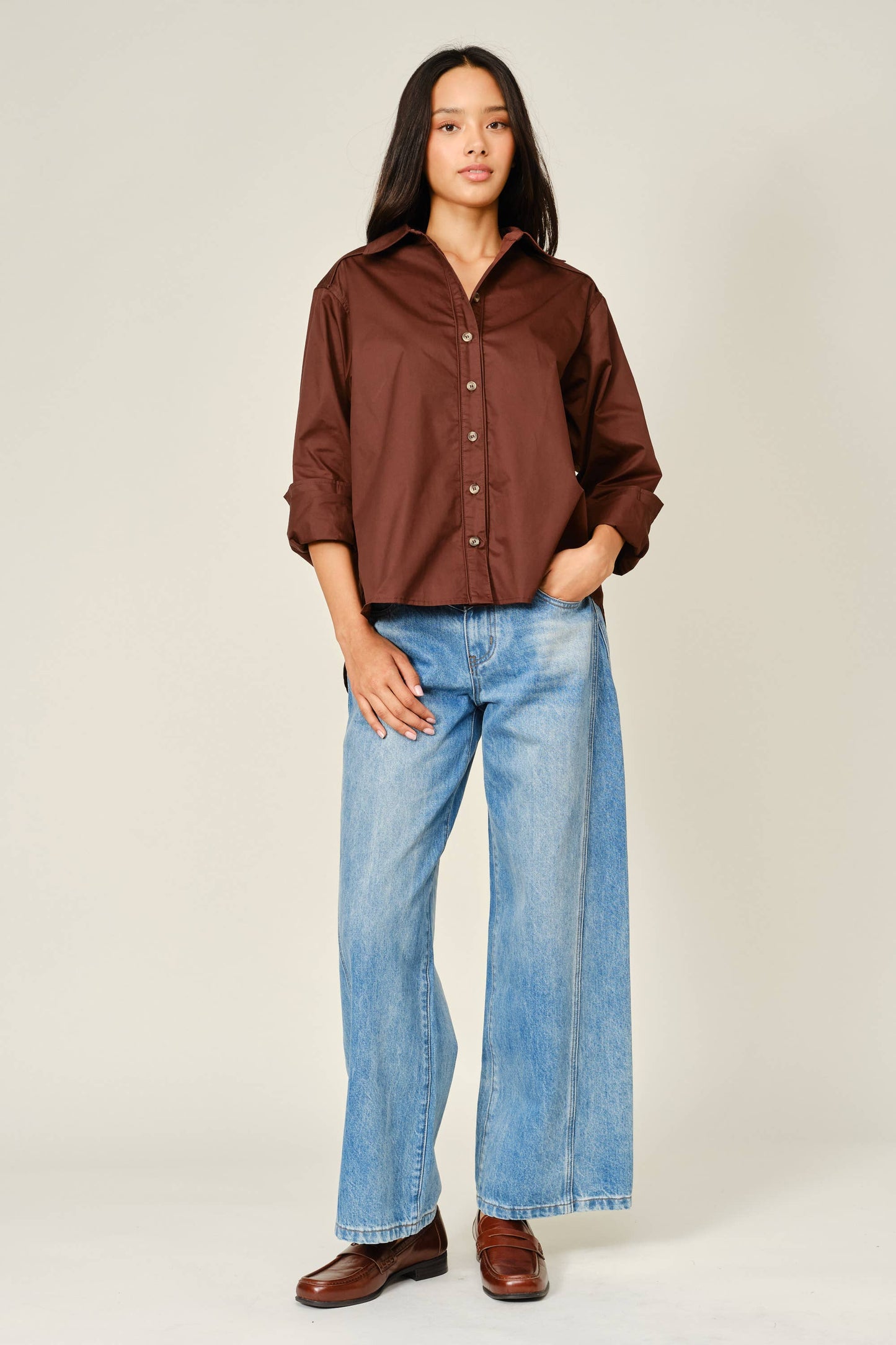 Aaron & Amber - AJT6539 OVERSIZED CLASSIC BUTTON DOWN SHIRT: OFF WHITE / S-M-L (2-2-2)