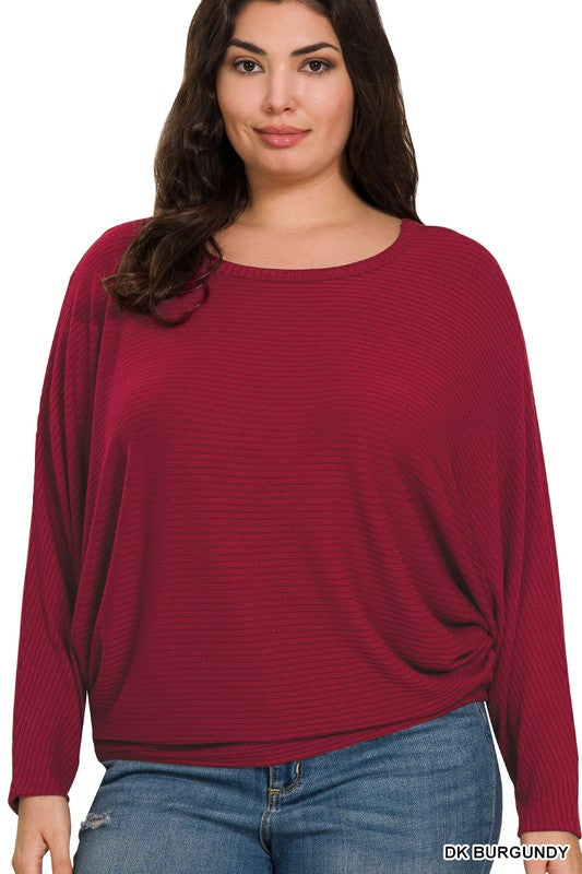 Plus Ribbed Batwing Long Sleeve Boat Neck Sweater