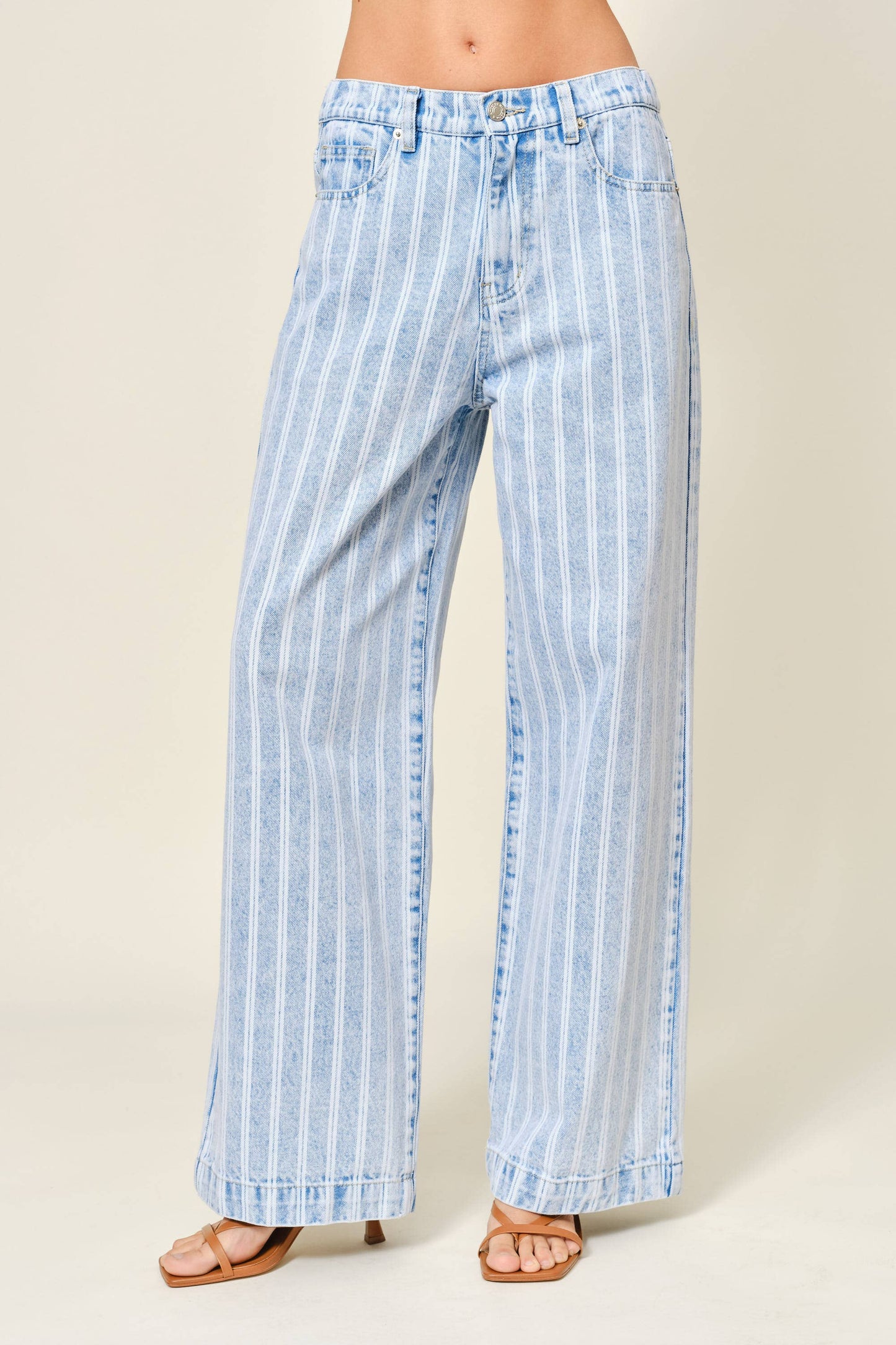 Aaron & Amber - AJP5866 STRIPED DENIM STRAIGHT PANTS: LT DENIM / M