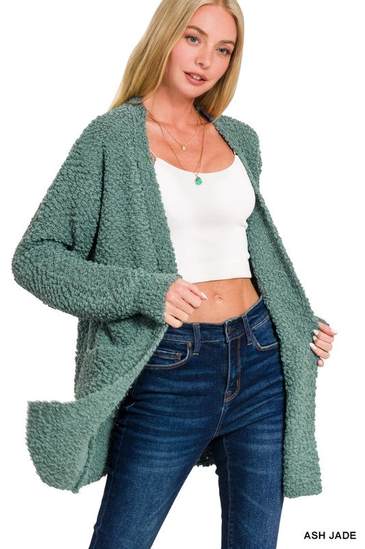 Long Sleeve Popcorn Sweater Cardigan With Pockets