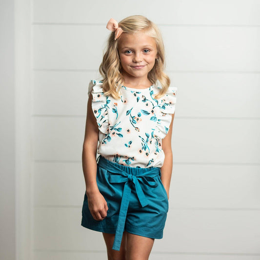 Kids White & Teal Floral Ruffle Summer Short Set