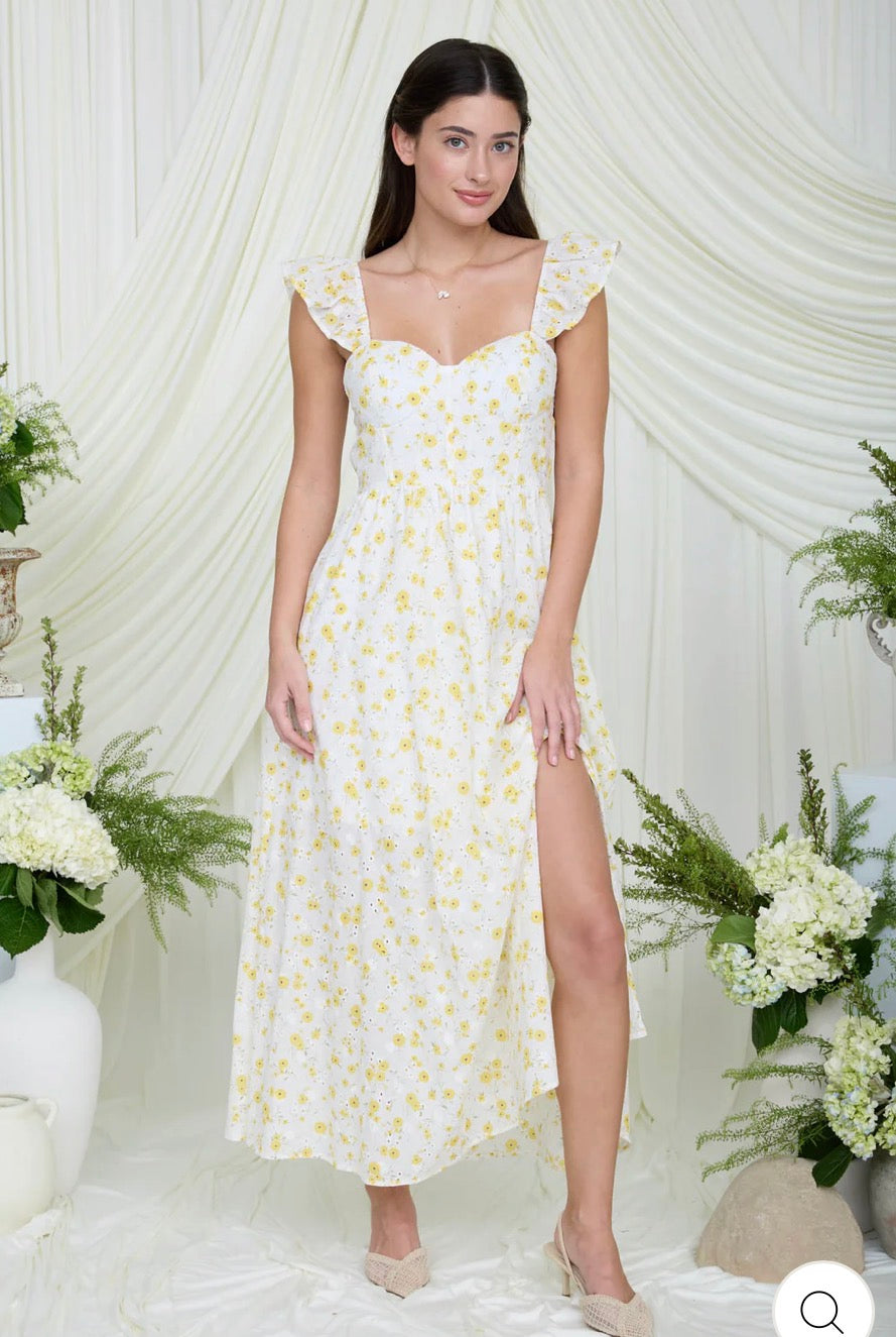 Floral Eyelet Pattern Front Slit Corset Midi Dress
