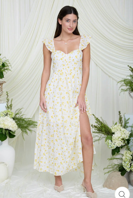 Floral Eyelet Pattern Front Slit Corset Midi Dress