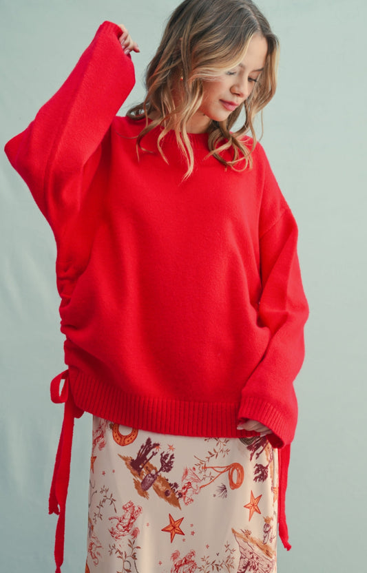 Drop Shoulder Side Ruched Sweater