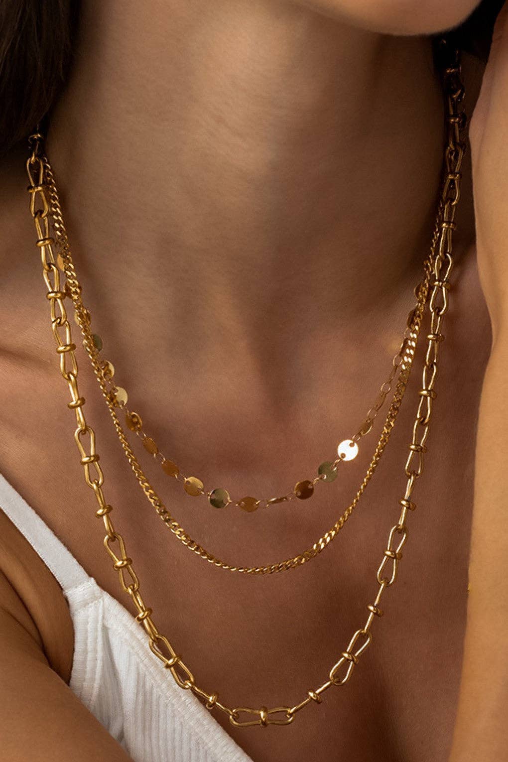 18K Gold Dipped Stainless Steel Triple Layered Chunky Chain Necklace