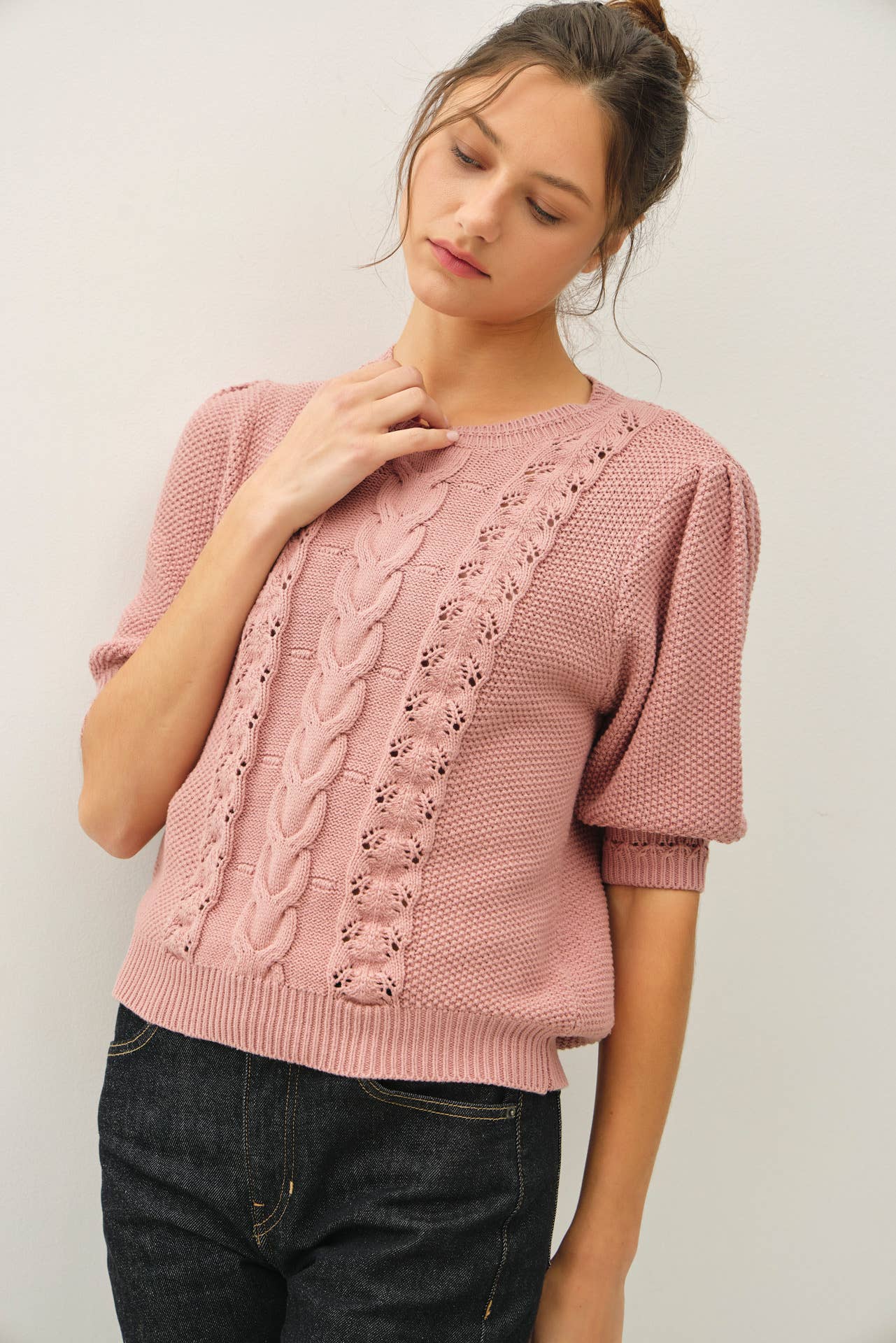 Be Cool - CHUNKY PUFF SHORT SLEEVE CABLE KNIT SWEATER: SEAFOAM / S