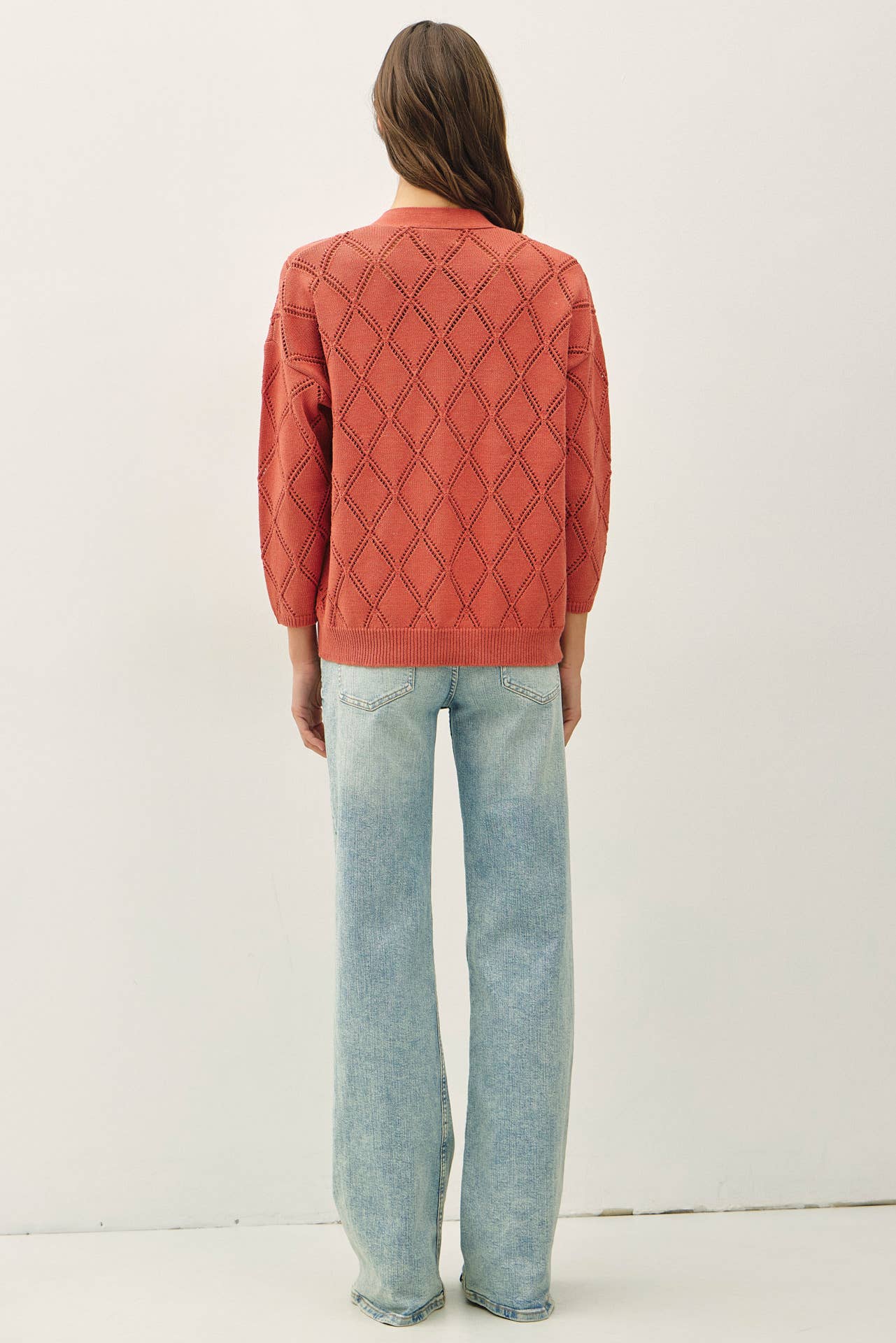 Be Cool - POINTELLE KNIT OPEN FRONT CARDIGAN: MARSALA / M