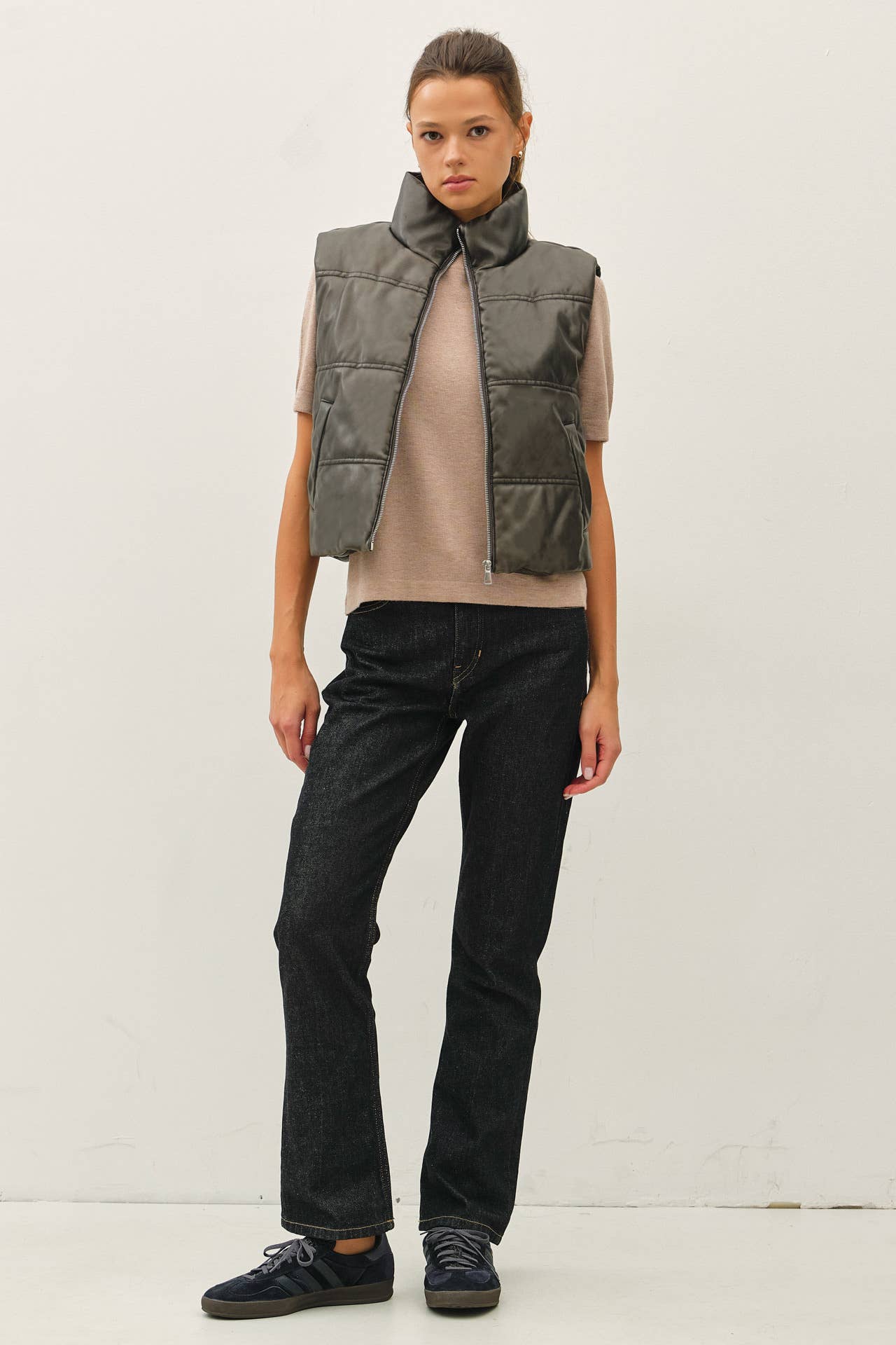 Be Cool - FAUX LEATHER PUFFER VEST : Brown / M