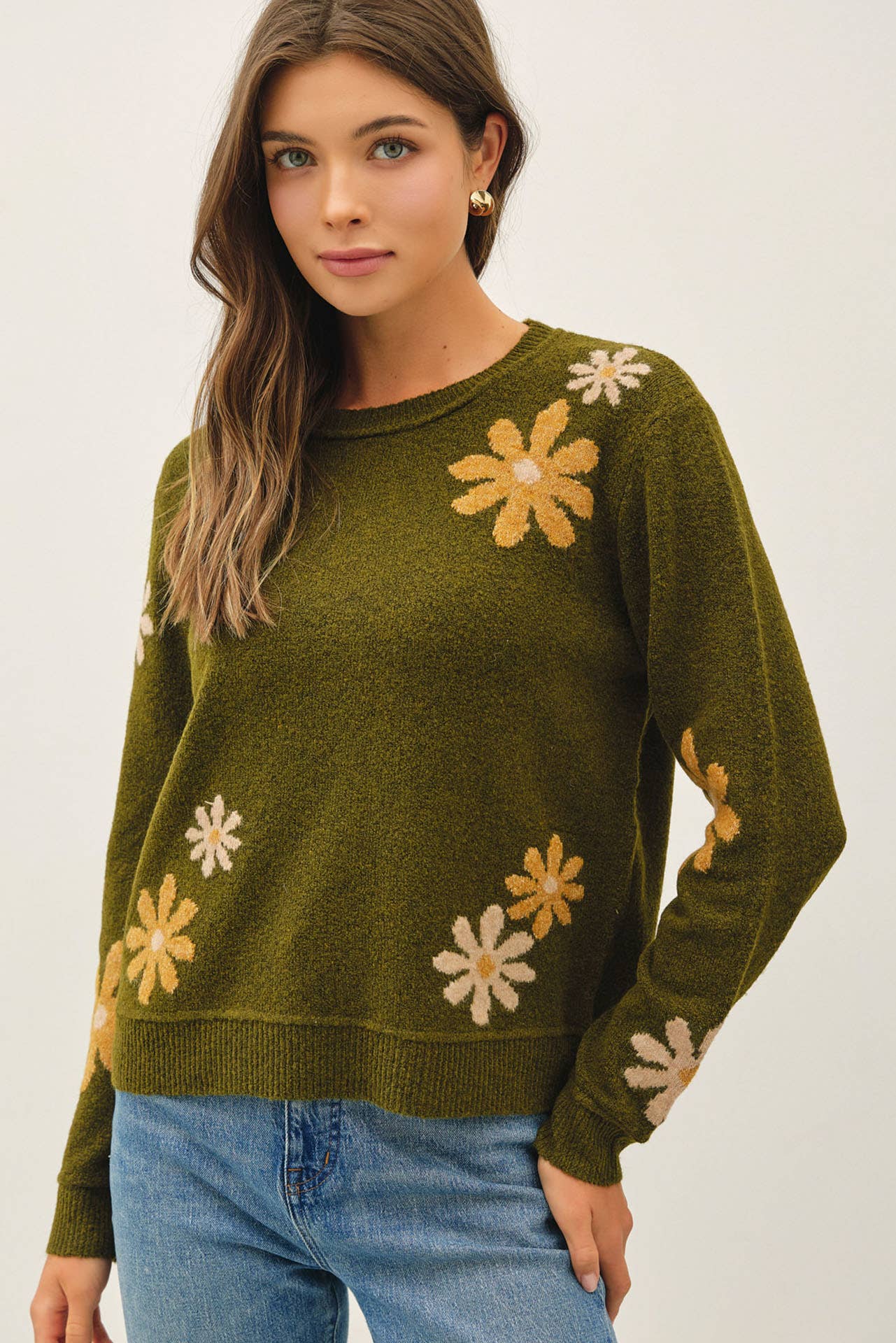 Be Cool - WOOL BLEND FLORAL ACCENT SWEATER: NAVY / M