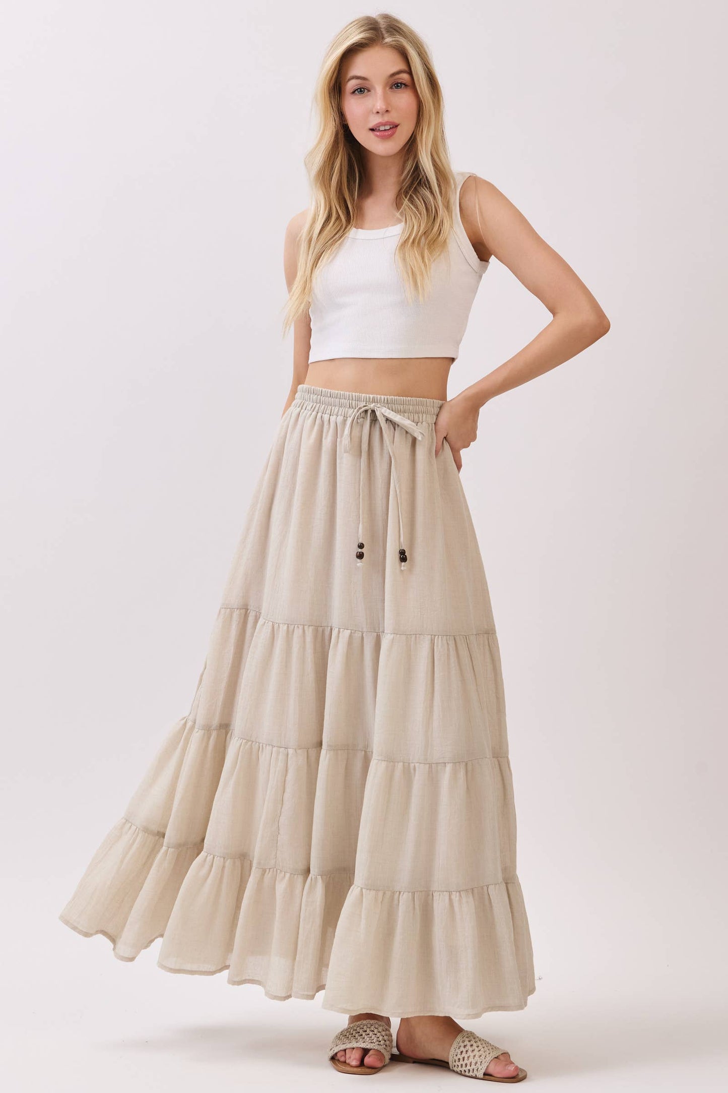 Final Touch - Tiered Coconut Tie Detail Maxi Skirt - VS3009: OLIVE / L