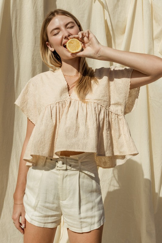 V Neck Wide Shoulder Ruffle Top