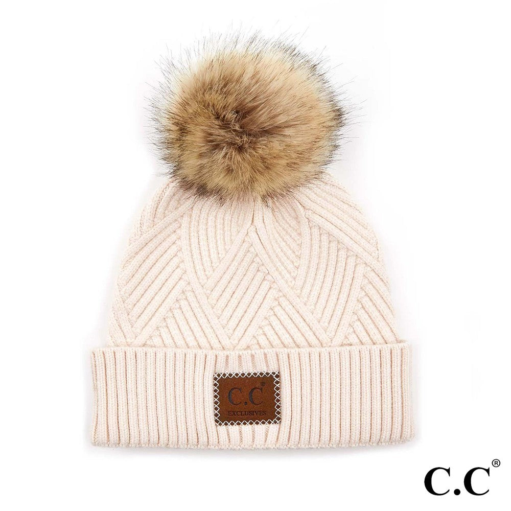 Diagonal Stripe Knit Pattern Pom Beanie