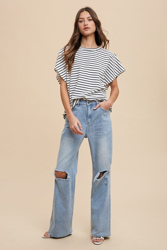 Crew Neckline Loose Fit Striped Knit Top