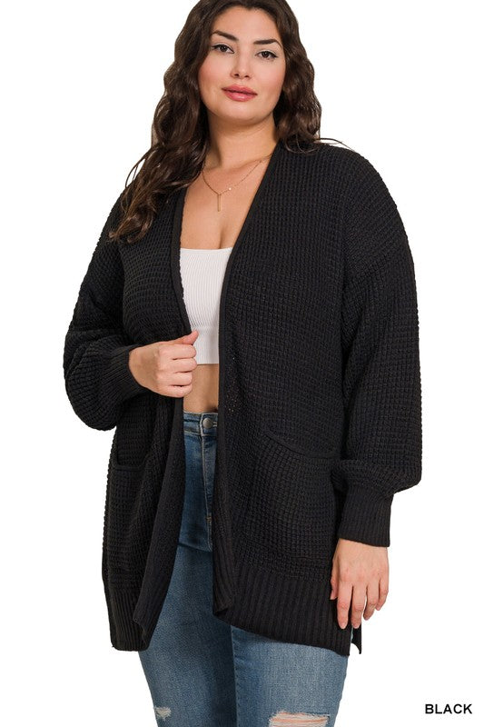 Plus Low Gauge Waffle Open Cardigan Sweater