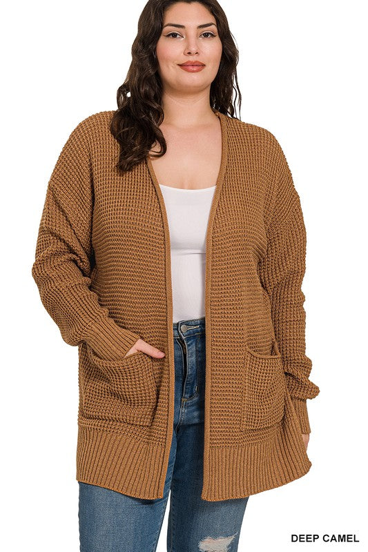 Plus Low Gauge Waffle Open Cardigan Sweater