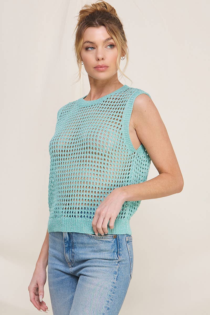 Open Weave Foil Knit Crochet Tank