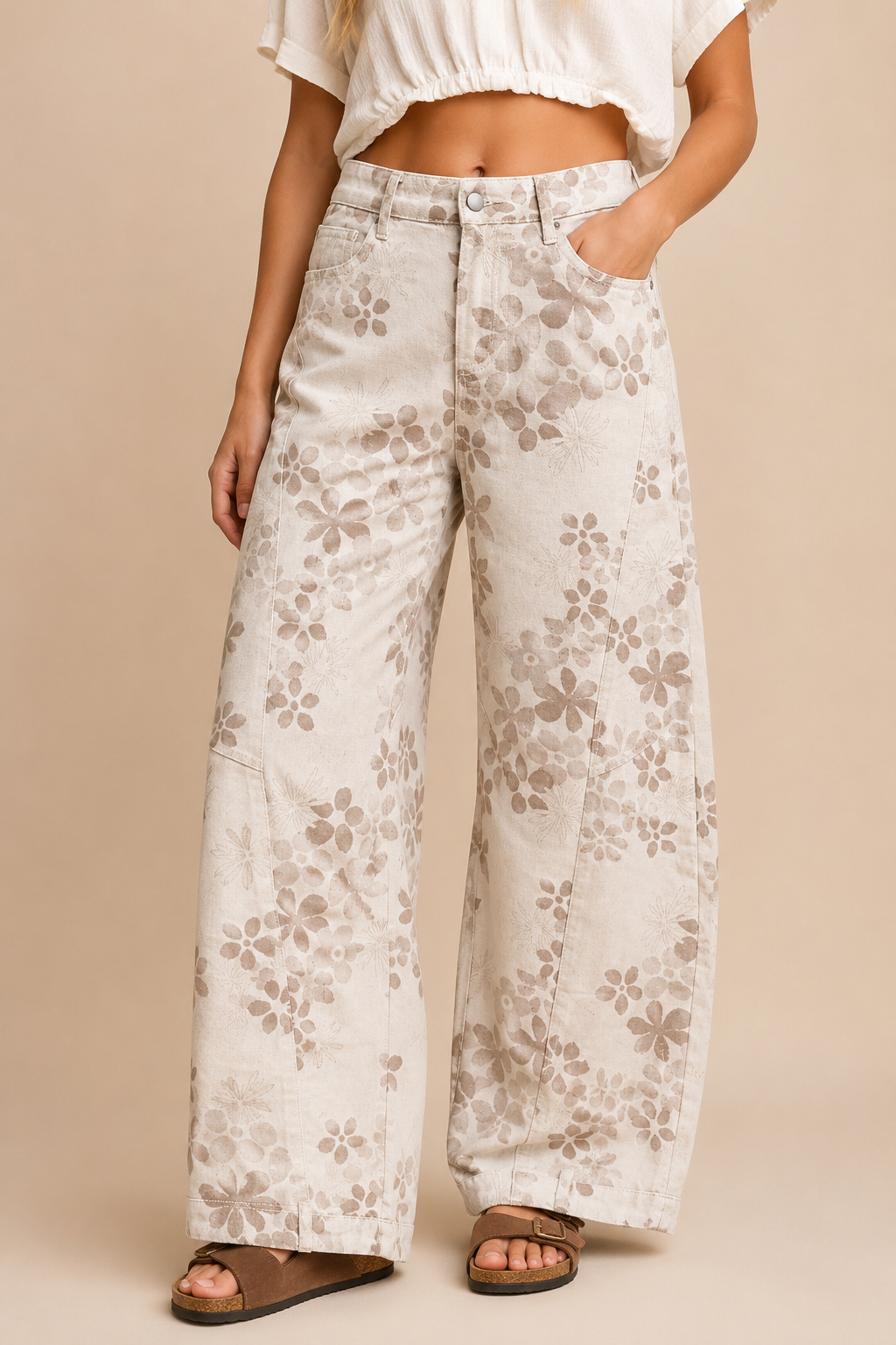 J.NNA - Floral Wide-Barrel Leg Jeans: Light Taupe / S