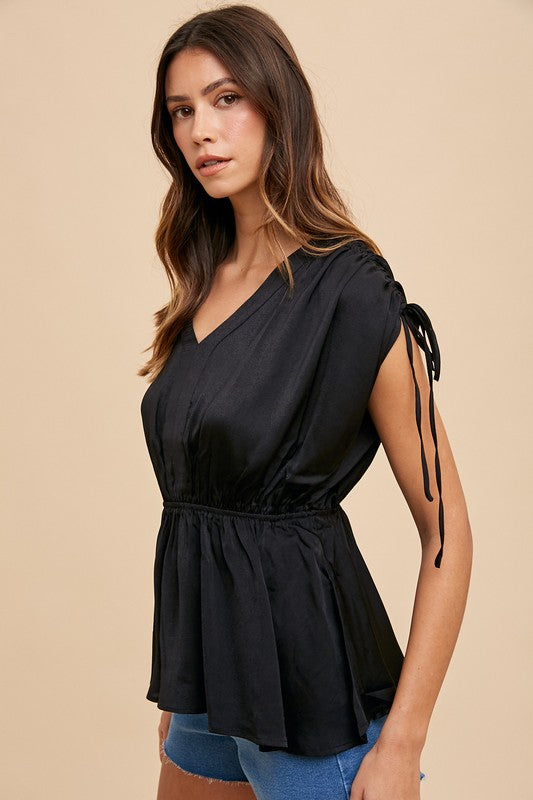 Shoulder Ruched Detail Soft Touch Woven Blouse Top