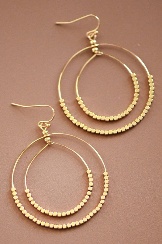 Gold Beaded Double Circle Drop Earrings