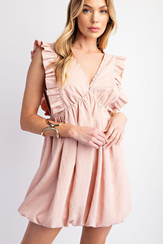 Flower Embossed Bubble Dress With Shoulder Ruffles