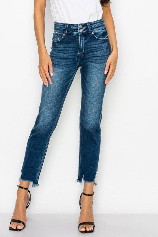 High Rise Stretch Double Waist Band Straight Jeans