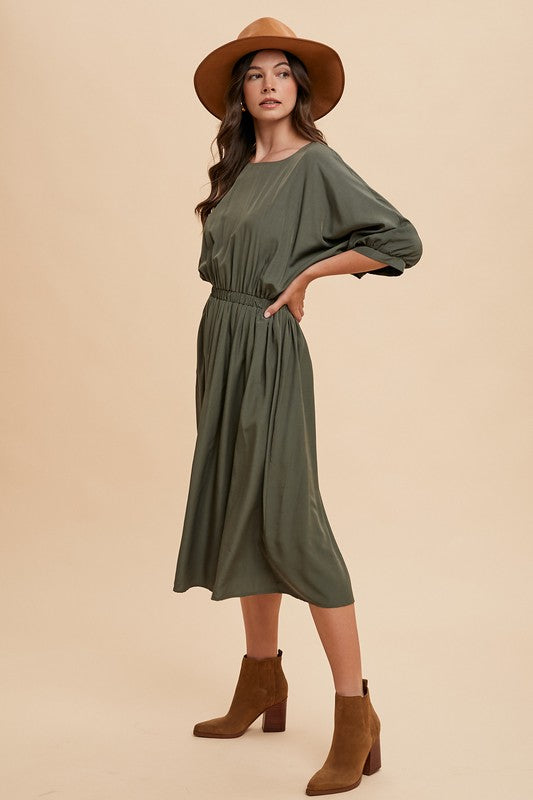 3/4 Volume Dolman Sleeve Loose Fit Midi Dress