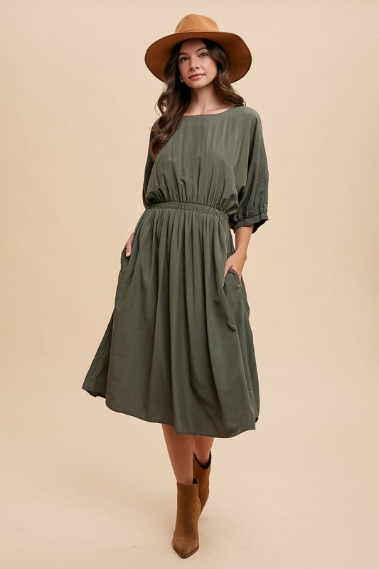 3/4 Volume Dolman Sleeve Loose Fit Midi Dress