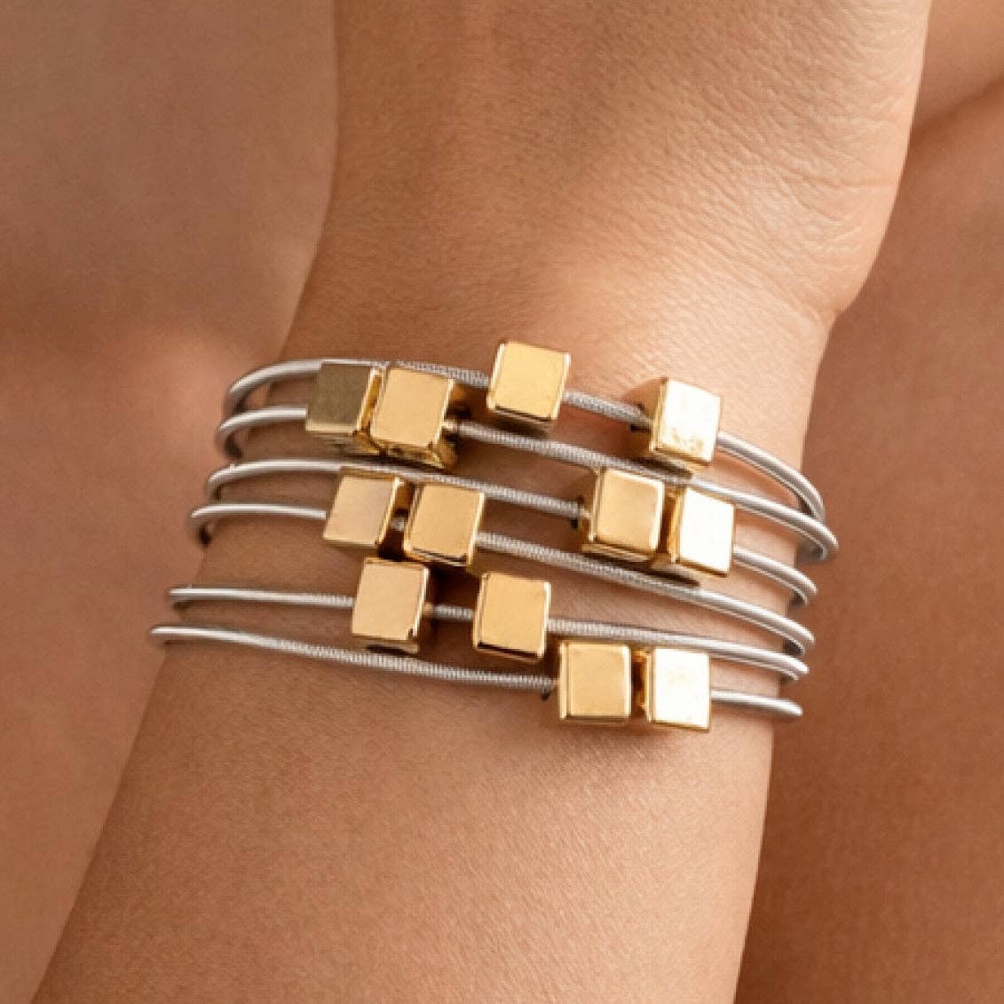 Stretchy Layered Guitar String Bracelet Set - Silver
