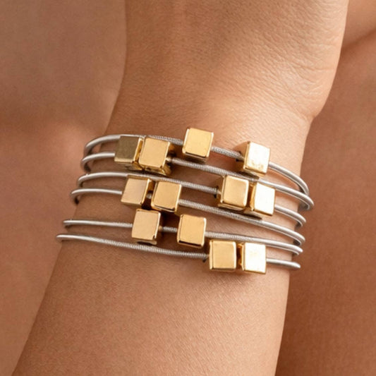 Stretchy Layered Guitar String Bracelet Set - Silver