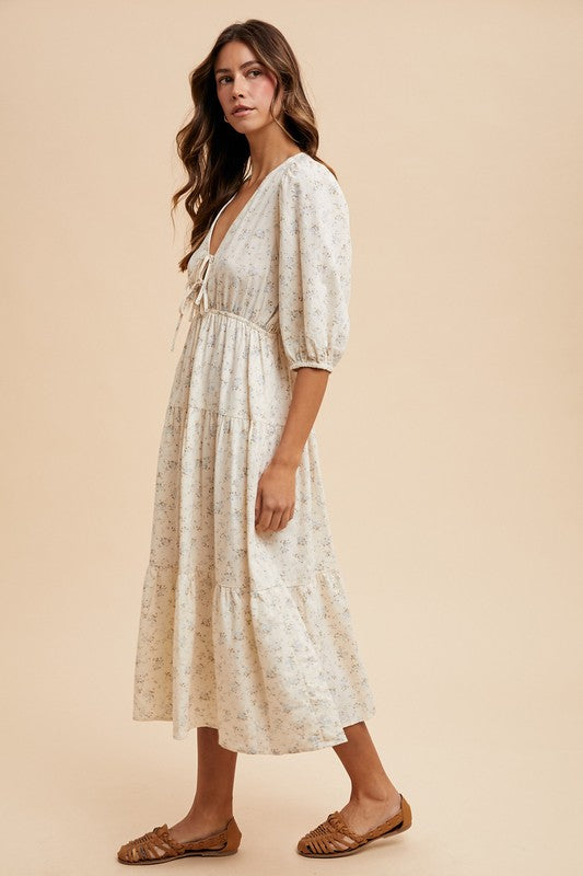 Flower Print V-neck Puff Sleeve Midi Dress