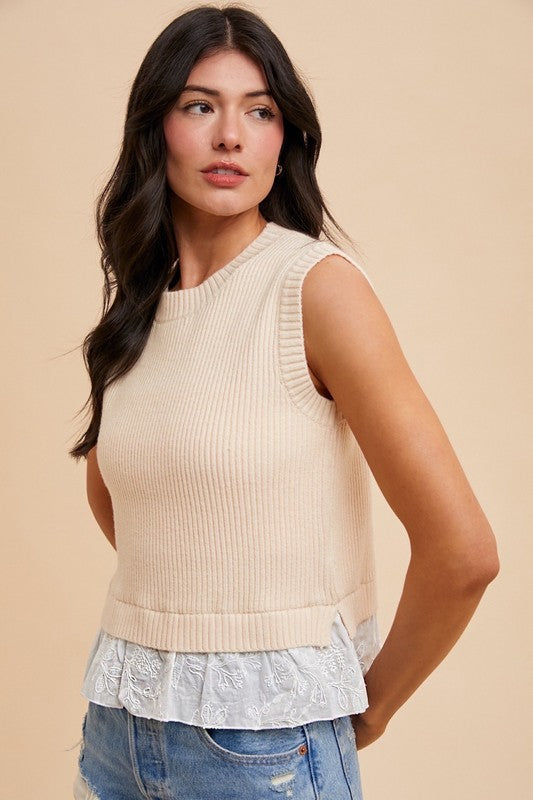 Mix Media Embroidery Layered Rib Sweater Top