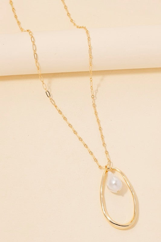 Layered Pearl And Oval Pendant Chain Necklace