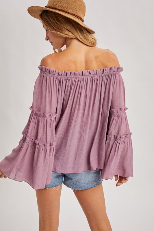 Bell Sleeved Off The Shoulder Ruffle Trim Top