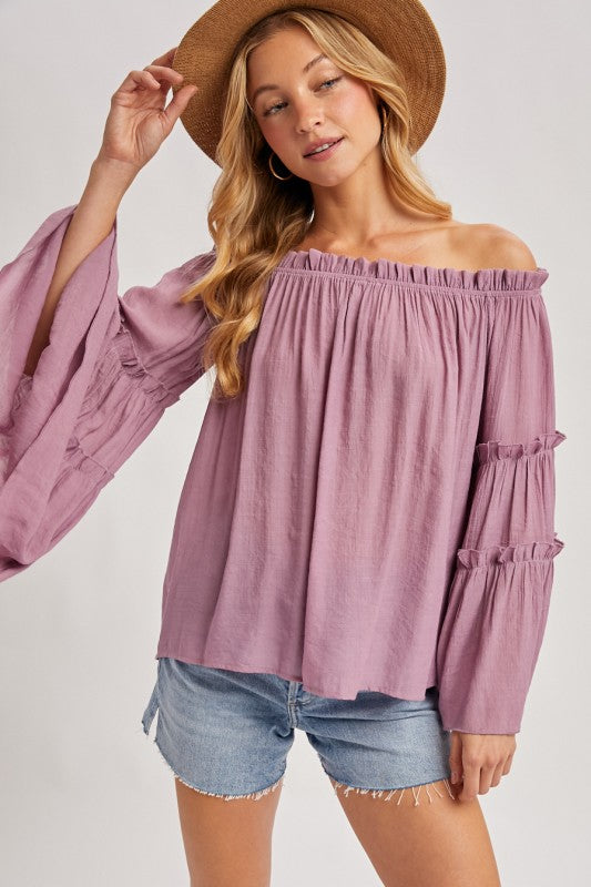 Bell Sleeved Off The Shoulder Ruffle Trim Top