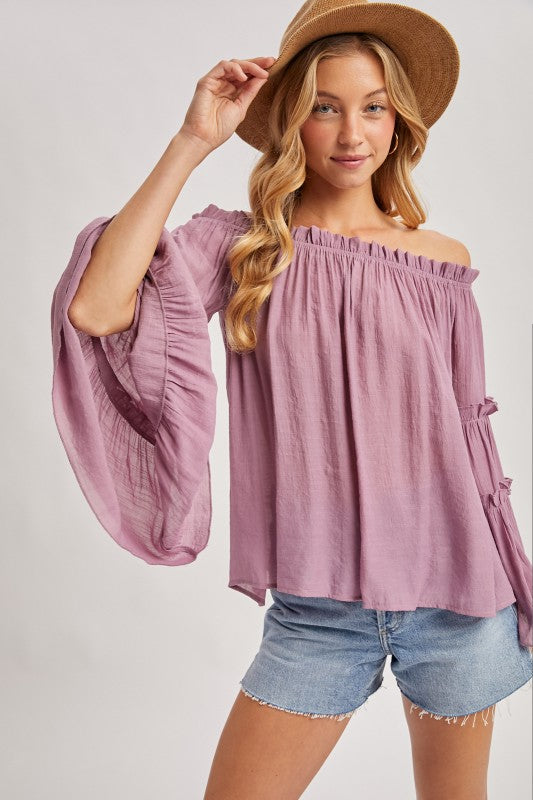 Bell Sleeved Off The Shoulder Ruffle Trim Top