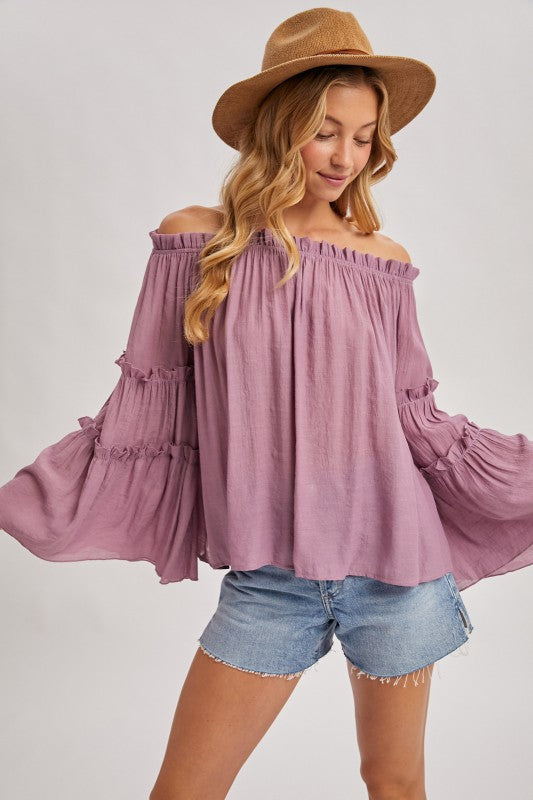 Bell Sleeved Off The Shoulder Ruffle Trim Top