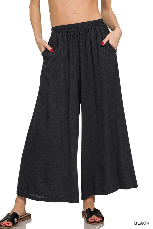 Black Woven Elastic Band Pants With Pocket
