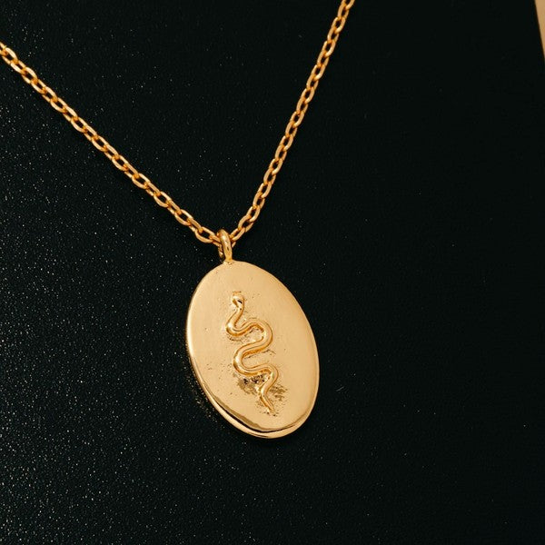 Gold Dipped Snake Oval Coin Pendant Necklace