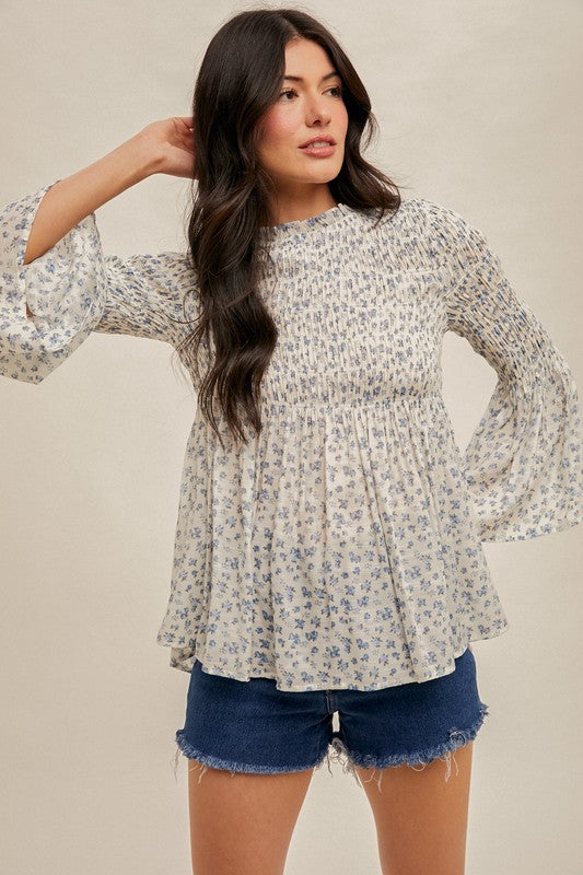 Smocked Floral Bell Sleeve Top