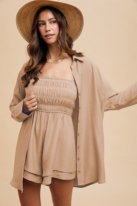Oversized Woven Shirt & Smocking Romper Set