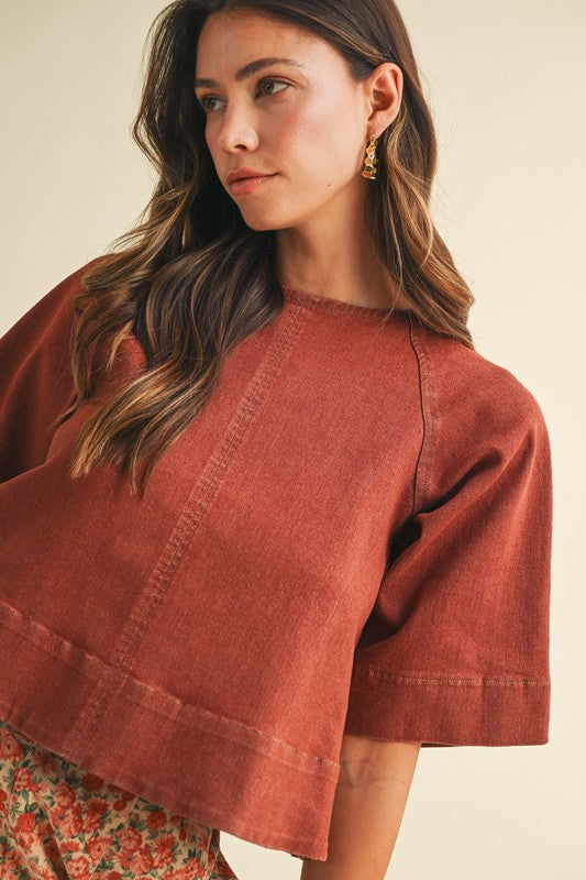Stretch Denim Tie Back Detail Blouse`